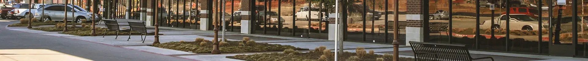 A Walkway Outside of a Large Office Complex